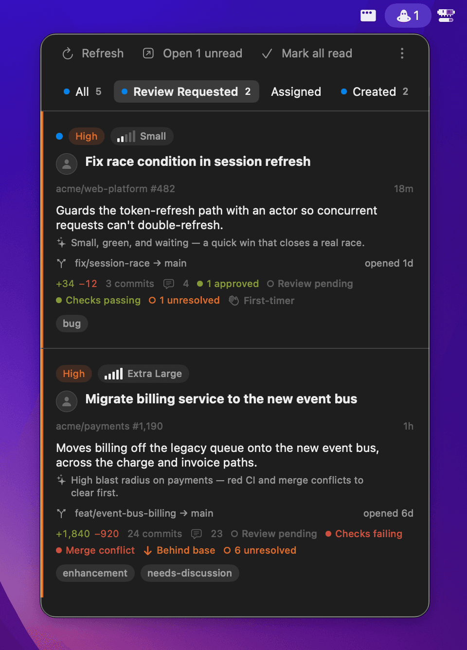 MergeMole's menu-bar panel: pull requests ranked by priority and effort, each with a one-line AI summary and review status.
